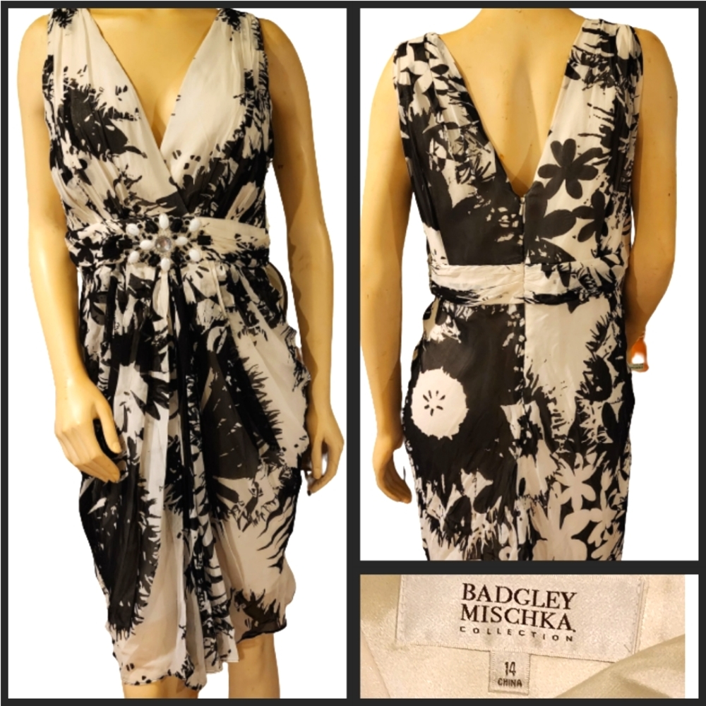 Badgley Mischka Black and White Silk/Soie Dress, Size 14